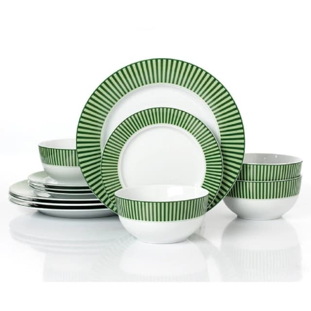 12Pc Belmont Green Stripe Dinner Set