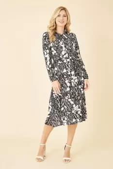 Black Animal Print Long Sleeve Midi Shirt Dress