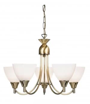 5 Light Multi Arm Ceiling Pendant Antique Brass, Opal Glass, E14