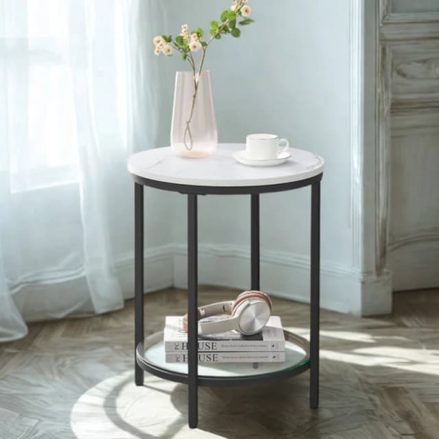 Pirlo Plush 2 Tier Round Faux Marble Accent Coffee Side Table in White White Unisex