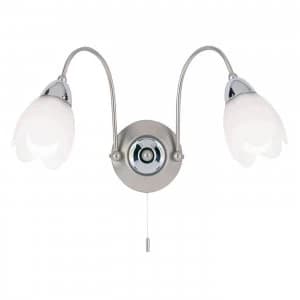 2 Light Indoor Wall Light Satin Chrome with Matt Opal Glass, E14