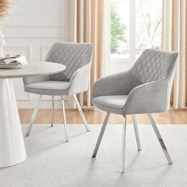 FurnitureboxUK FurnitureboxUK Set of 2 Falun Deep Padded Dining Chairs Upholstered in Soft & Durable Fabric With Silver Chrome Legs in Light Grey Ligh