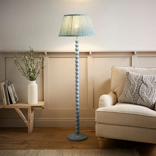 ValueLights ValueLights Bobbin Bobbles Floor Lamp with Leaf Pleated Tapered Lamp Shade in Pale Blue Pale Blue One Size Unisex 5059406067709