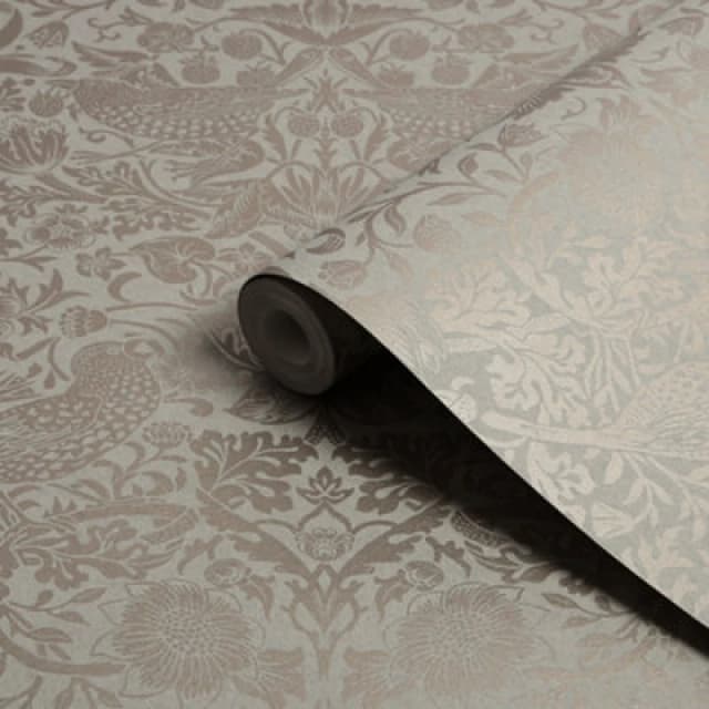 William Morris Gallery Collection Fibrous Neutral Strawberry Thief Metallic Effect Smooth Wallpaper