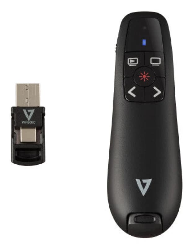 V7 V7 WP500C Wireless Presenter Dual USB-C + USB-A - 2.40 GHz RF - Black - Red Laser Pointer - 5 Button(s) - Wireless - Radio Frequency - USB - Storab