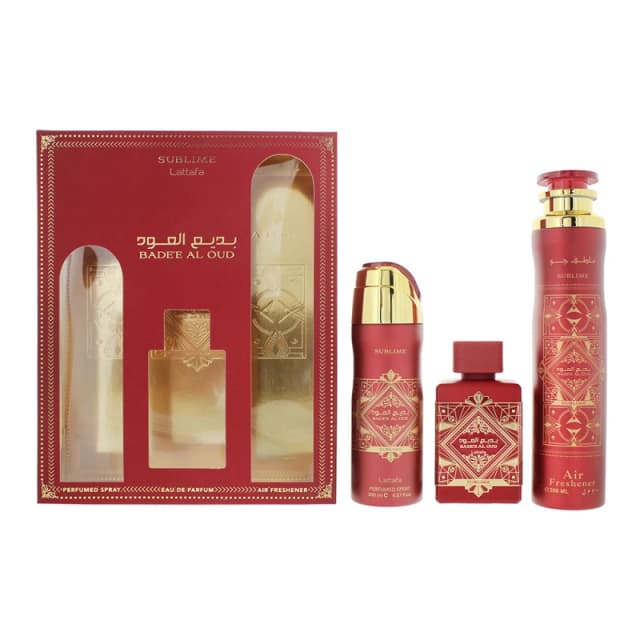 Lattafa Bade'e Al Oud Sublime 3 Piece Gift Set: Eau de Parfum 100ml - Air Freshener 300ml - Perfumed Body Spray 200ml