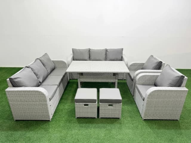 Fimous PE Rattan High Back Lounge Sofa Set Patio Rectangular Dining Table & Chairs Set with 3 Seater Sofa Reclining Chair Stools Light Grey Light Grey