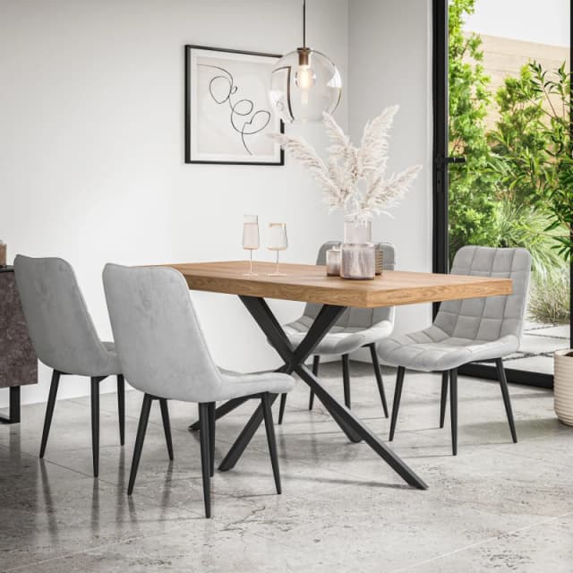 More4Homes Donni Dining Table And Chairs - Oak Effect Table Top W Black Legs + Nova Velvet Dining Chair Set Of 4 (Grey)