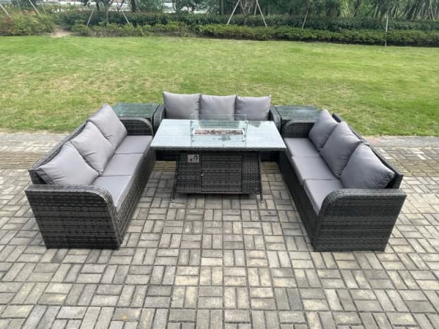 Fimous Rattan Furniture Garden Dining Set Gas Fire Pit Table With 2 Side Tables Lounge Sofa Dark Grey Mixed Dark Grey