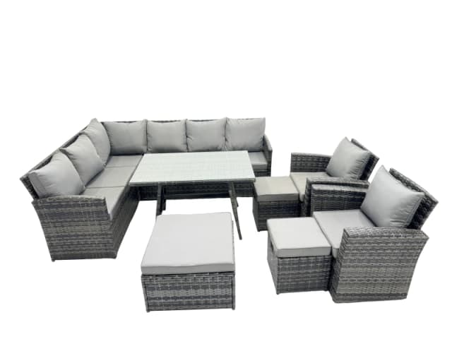 Fimous 11 Seat Patio Oblong Dining Table Corner Sofa Set with 3 Stool 2 Chair in Dark Grey Dark Grey Unisex