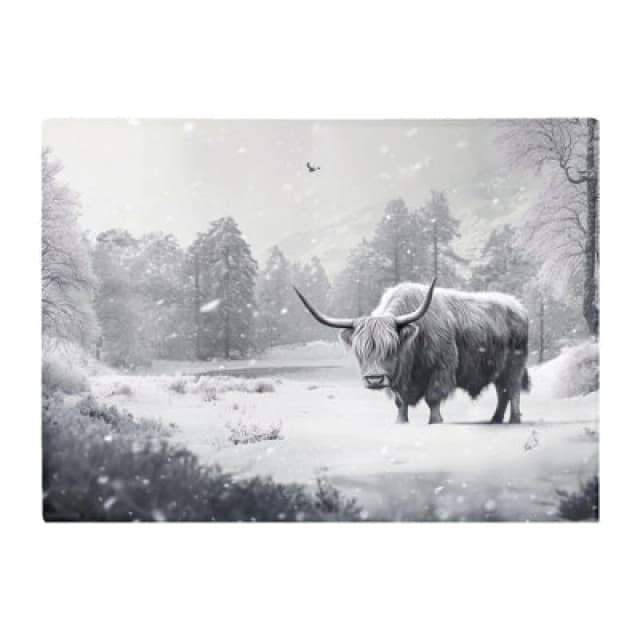 Warren Reed Designer Snow Storm Highland Cow Glass Chopping Board