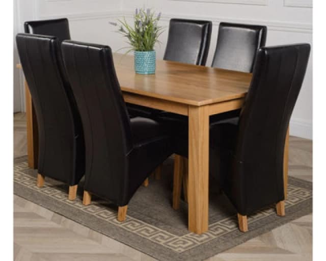Thats Furniture Oslo 180 x 90cm Large Oak Dining Table & 6 Lola Leather Chairs in Black Unisex 180 x 90 cm