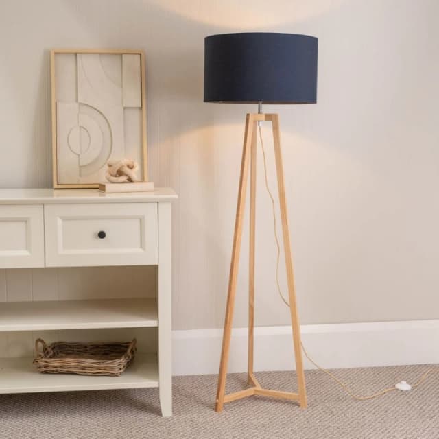 ValueLights Lottie Natural Wood Tripod Floor Lamp with Fabric Drum Shade Navy