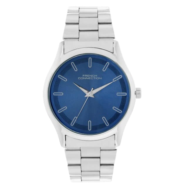 French Connection Silver Case Round Shape Silver Strap Quartz Watch Navy Blue male One Size