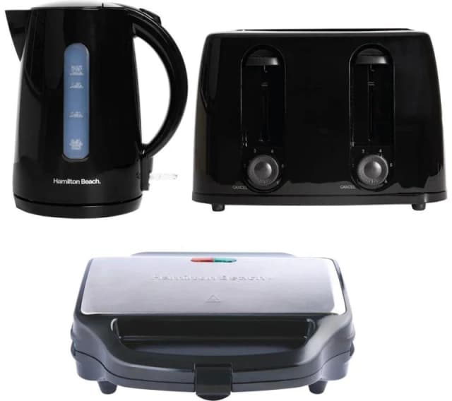 HAMILTON BEACH Essentials Jug Kettle, 4-Slice Toaster & Sandwich Toaster Bundle - Black, White 5060916373402