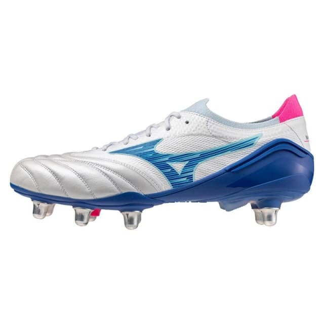 Mizuno Morelia Neo IV Elite Adults Soft Ground Rugby Boots White/Turq/Pink male 7 (41)
