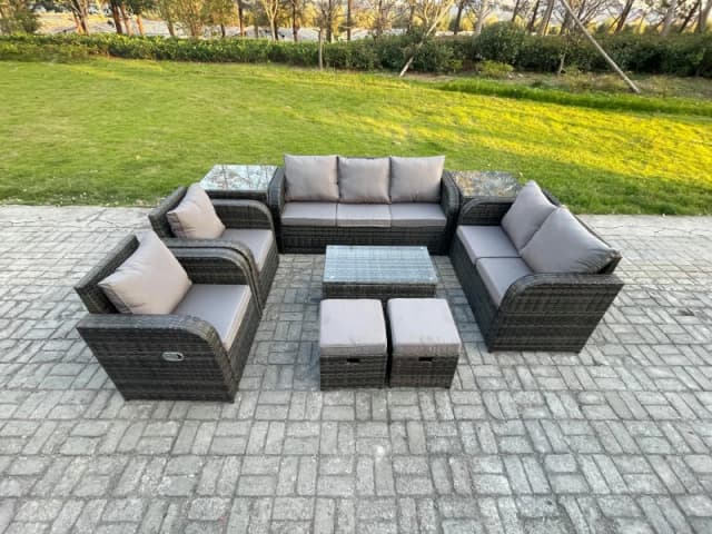 Fimous Patio Garden Furniture Sets Wicker 9 Seater Outdoor Rattan Furniture Sofa Sets with Rectangular Coffee Table Loveseat Sofa Dark Grey