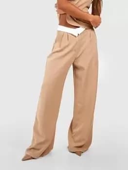 Boohoo Contrast Waistband Tailored Wide Leg Trousers - Camel, Brown, Size 16, Women