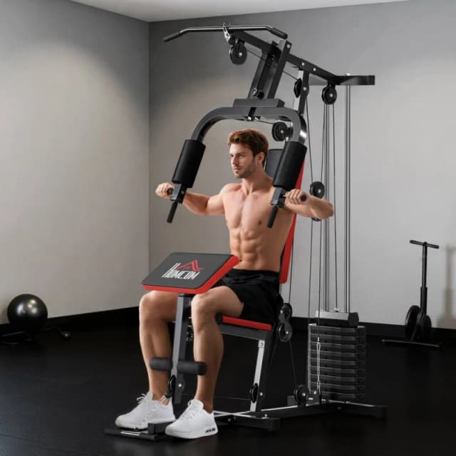 HOMCOM Multi Home Gym Machine with 65kg Weights for Strength Training Black Size: 135cm Black Unisex 135 cm