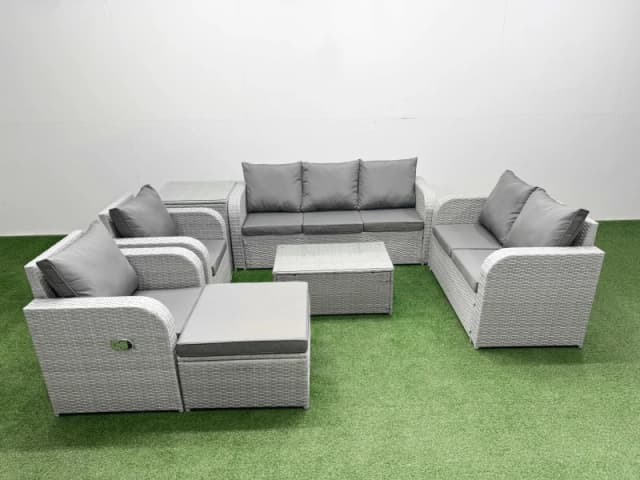 Fimous PE Rattan Garden Furniture Set Adjustable Chair Sofa Double Love Seat 2 Seater Sofa Lounge Set Oblong Coffee Table Big Footstool Side Table Lig