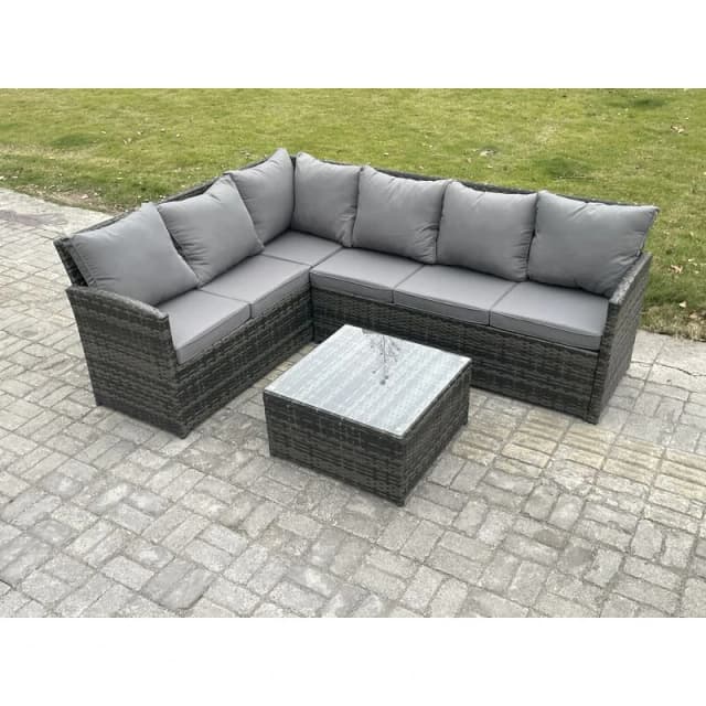 Fimous 6 Seater Outdoor Garden Furniture Set Wicker PE Rattan Corner Sofa Set with Square Coffee Table Dark Grey Mixed Dark Grey