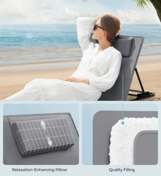 Songmics Set Of 2 Deck Beach Chairs Mats, Adjustable Backrest, Lightweight And Easy To Carry, For Camping Garden Pool, Slate Grey