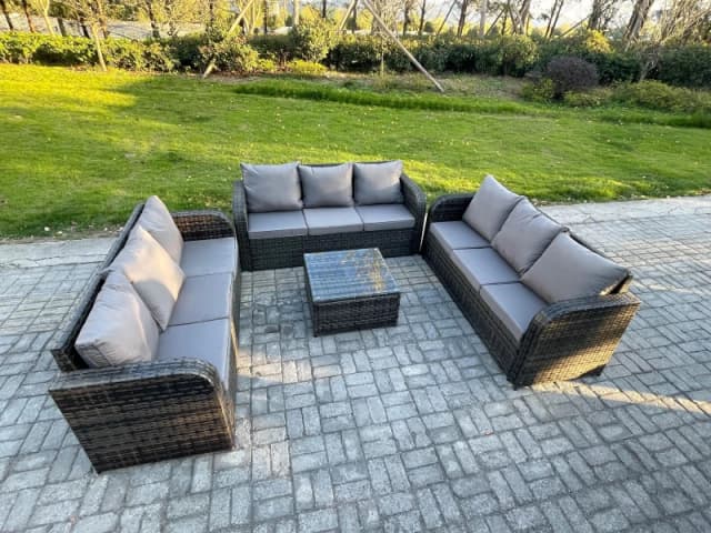 Fimous Patio Garden Furniture Sets Wicker 9 Seater Outdoor Rattan Furniture Sofa Sets with Square Coffee Table Dark Grey
