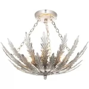 Ornate Silver Flush Ceiling Light Decorative Leaf Design Dimmable 3 Bulb Pendant