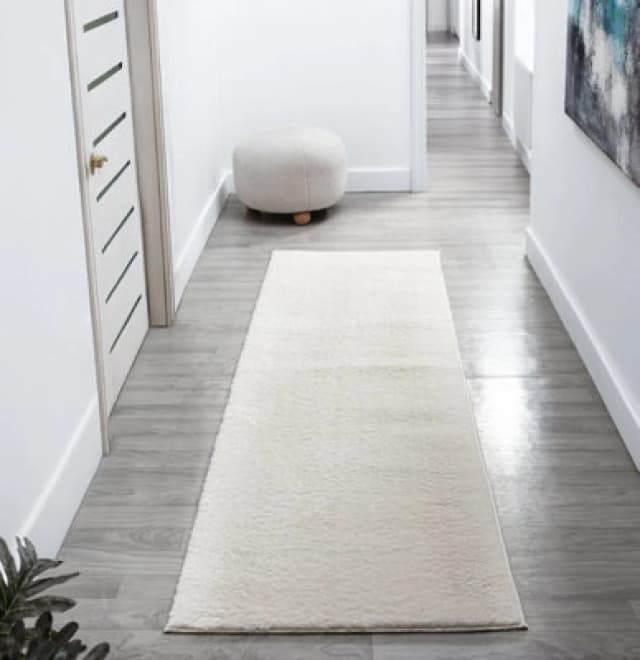 Comfy Washable Low Pile Living Room Area Rug - Anti Slip Felt Backing Cream 60Cm X 200Cm