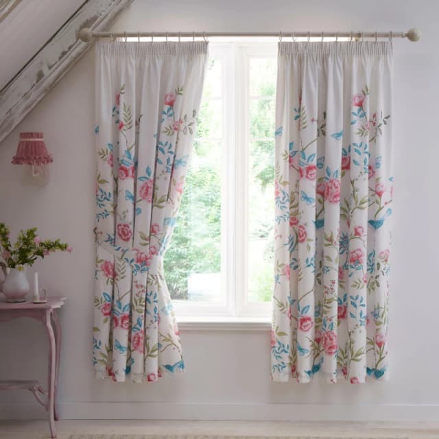 Dreams & Drapes 'Amelle' Floral Print Pair of Pencil Pleat Curtains With Tie-Backs Blue