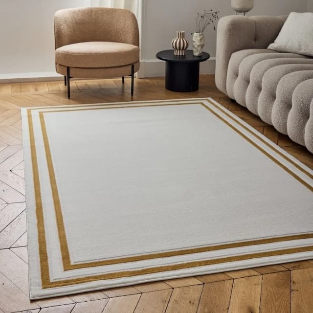 THE RUGS Carmel Modern Area Rugs & Runners Bordered Design Soft Pile in Gold Size: 80cm x 150cm Gold Unisex 80cm x 150 cm