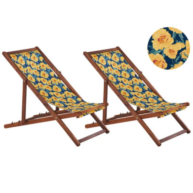 BELIANI Beliani - Set of 2 Folding Deck Chairs Sun Loungers Dark Acacia / Floral Pattern Anzio 311678