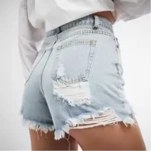 Missguided High Waisted Distressed Denim Shorts - Blue