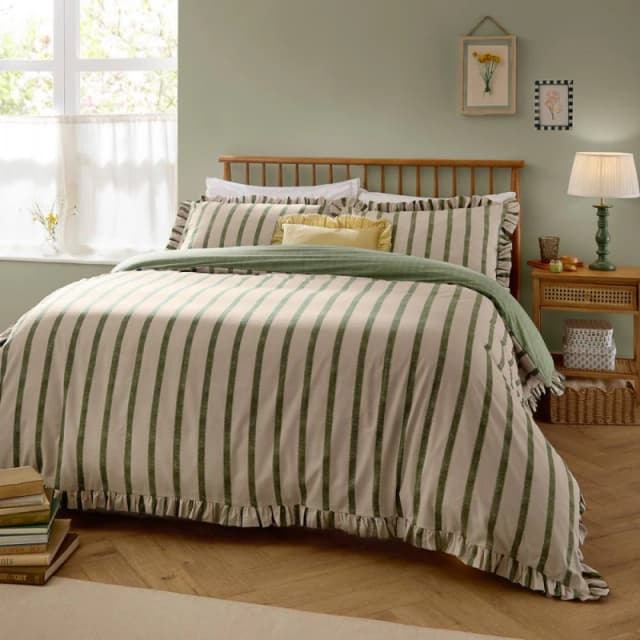 Wylder Connie Striped Ruffle Duvet Cover Set in Green Size: King Green Unisex King
