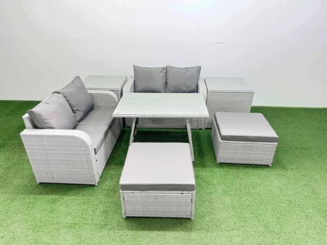 Fimous 6 Seater Outdoor Love Sofa Set Rattan Garden Furniture Set With Dining Table 2 Side Tables 2 Big Footstool Light Grey
