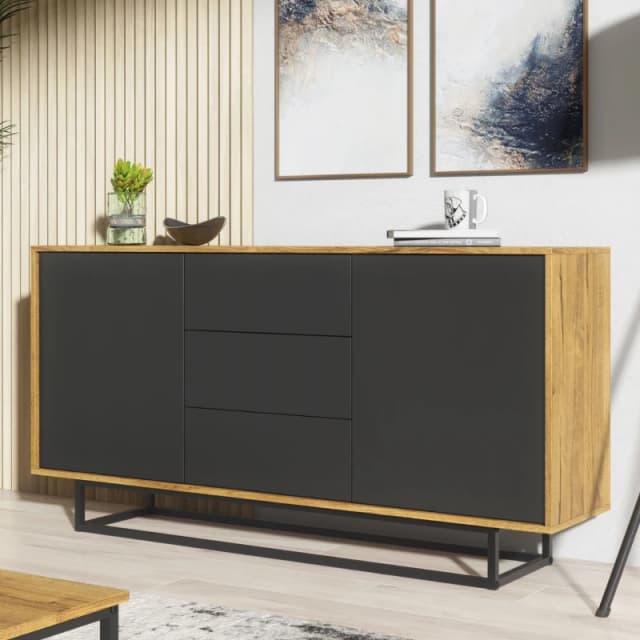 Creative Furniture Vista Loft Sideboard 140cm - Industrial Storage with Rustic, Oak & Black Matt Doors Multi