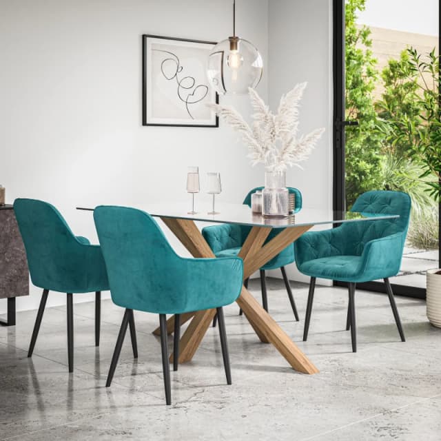 More4Homes Etta Glass Dining Table And Chairs - Glass Top W Solid Oak Legs + Anika Velvet Dining Chair Set Of 4 (Blue)