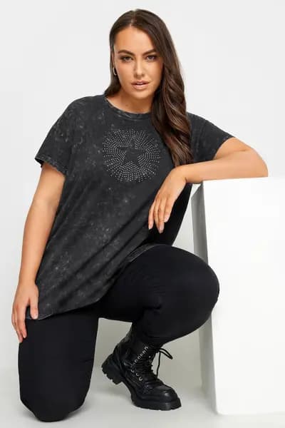 Yours Star Stud Acid Wash T-Shirt Charcoal