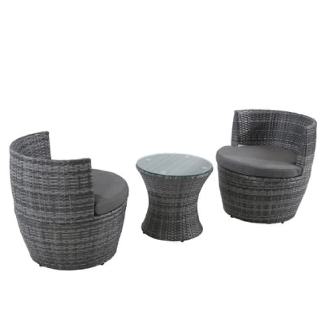 3 Piece Outdoor Rattan Bistro Set, Garden Wicker Structure Furniture Vase Chair Set With Cushion And Glass Top Coffee Table - Gray