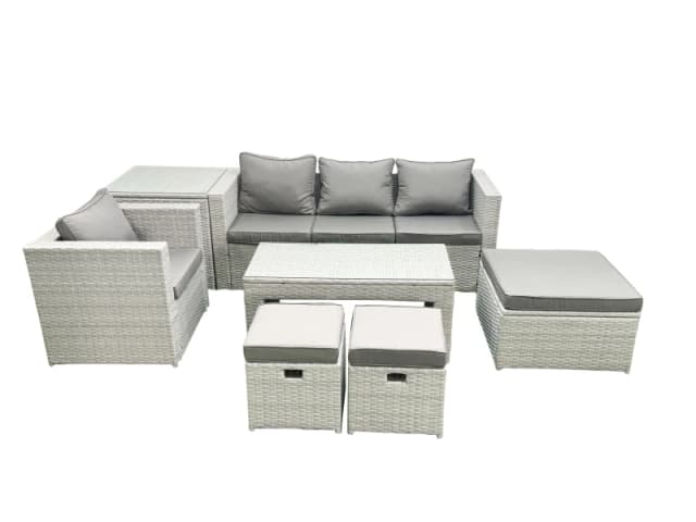 Fimous Rattan Garden Furniture Set Outdoor Lounger Sofa with Coffee Table 3 Footstools Side Table Light Grey Mixed Light Grey