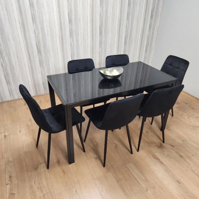KOSY KOALA Black Kitchen Dining Table And 6 Black Tufted Velvet Chairs Set Of 6 Dining Room Furniture Black