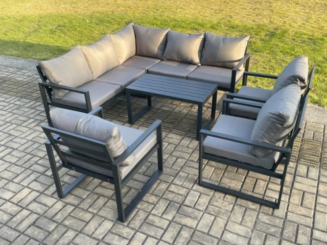 Fimous 8 Seater Aluminium Outdoor Garden Furniture Set Patio Lounge Sofa with Oblong Coffee Table Chair Dark Grey Dark Grey Unisex