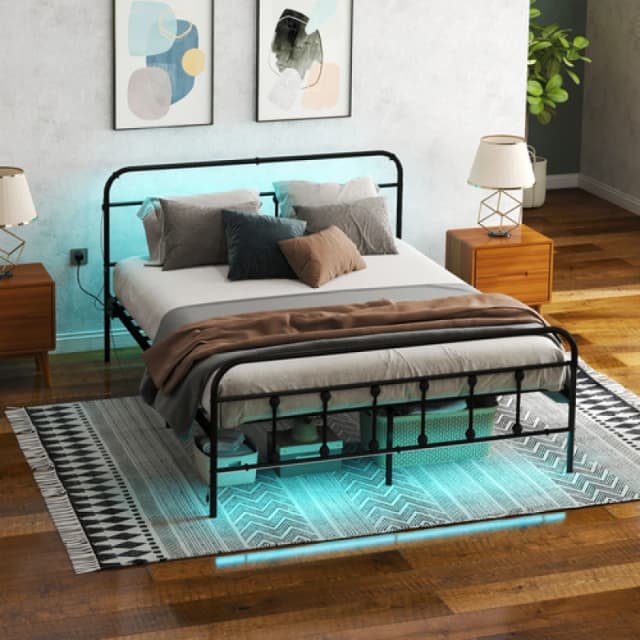 HOMCOM HOMCOM King Bed Frame with LED Lights and Charging Station, Black King Unisex 5063603037175