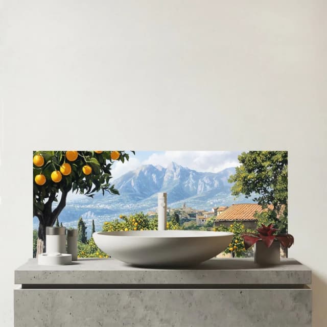 Warren Reed - Designer Lemon Trees In Sorrento Glass Bathroom Splashback Multicolor Unisex
