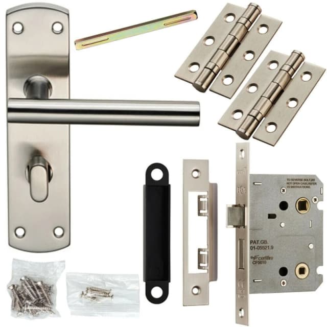 Loops Door Handle & Bathroom Lock Pack Satin Steel Modern Straight T Bar Backplate Metallics