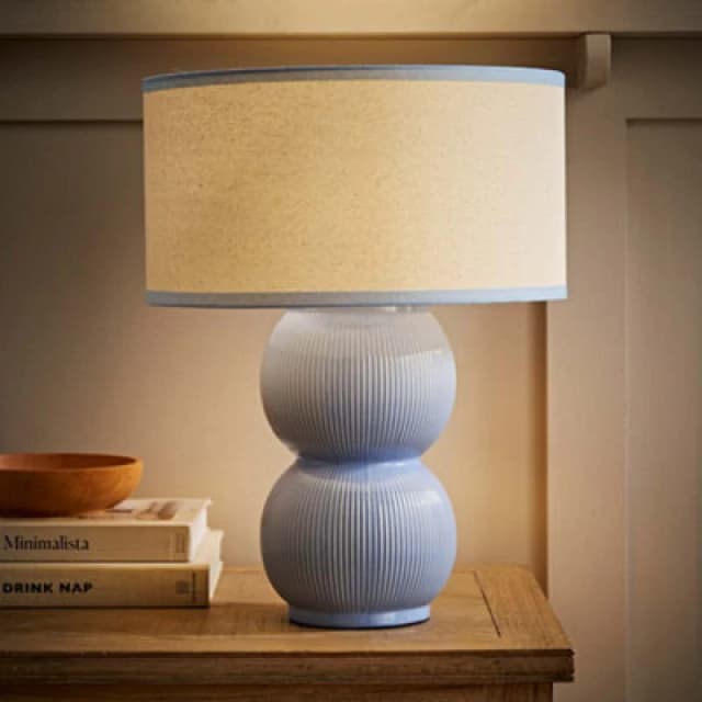ValueLights ValueLights Gemma Linen with Trim Drum Lamp Shade Stacked Ribbed Glazed Table Lamp in Light Blue Light Blue One Size Unisex 5016529271628