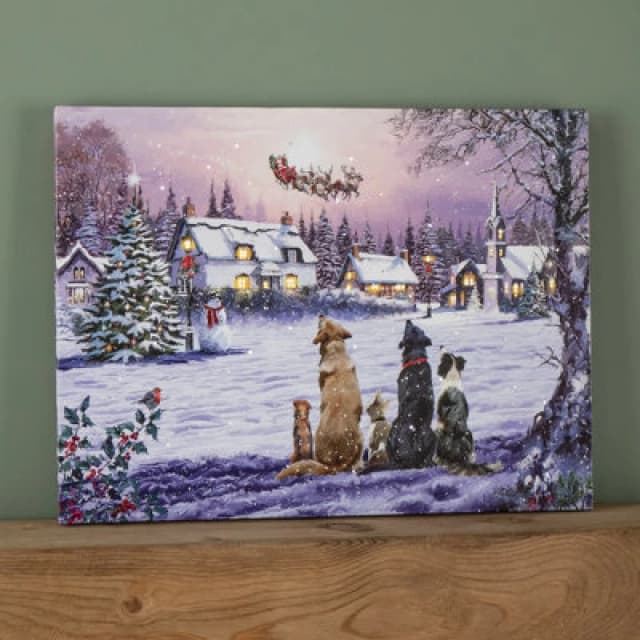 Samuel Alexander 40 x 30cm Tap Activated Fibre Optic Christmas Wall Art Canvas with Dogs Watching Santa Scene Multi