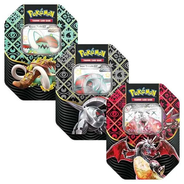 Pokemon TCG Scarlet & Violet 4.5 Paldean Fates Tin - Great Tusk/Iron Treads/ Charizard (One At Random)