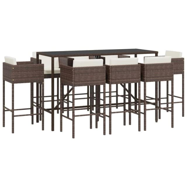 vidaXL 9 Piece Garden Bar Set with Cushions Brown Poly Rattan, Brown 3203936