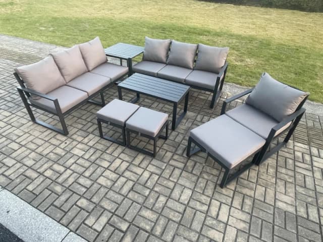 Fimous Aluminium 8 Pieces Garden Furniture Set with Cushions 10 Seater Outdoor Patio Lounge Sofa Set with Armchair 3 Footstools Side Table Dark Grey U